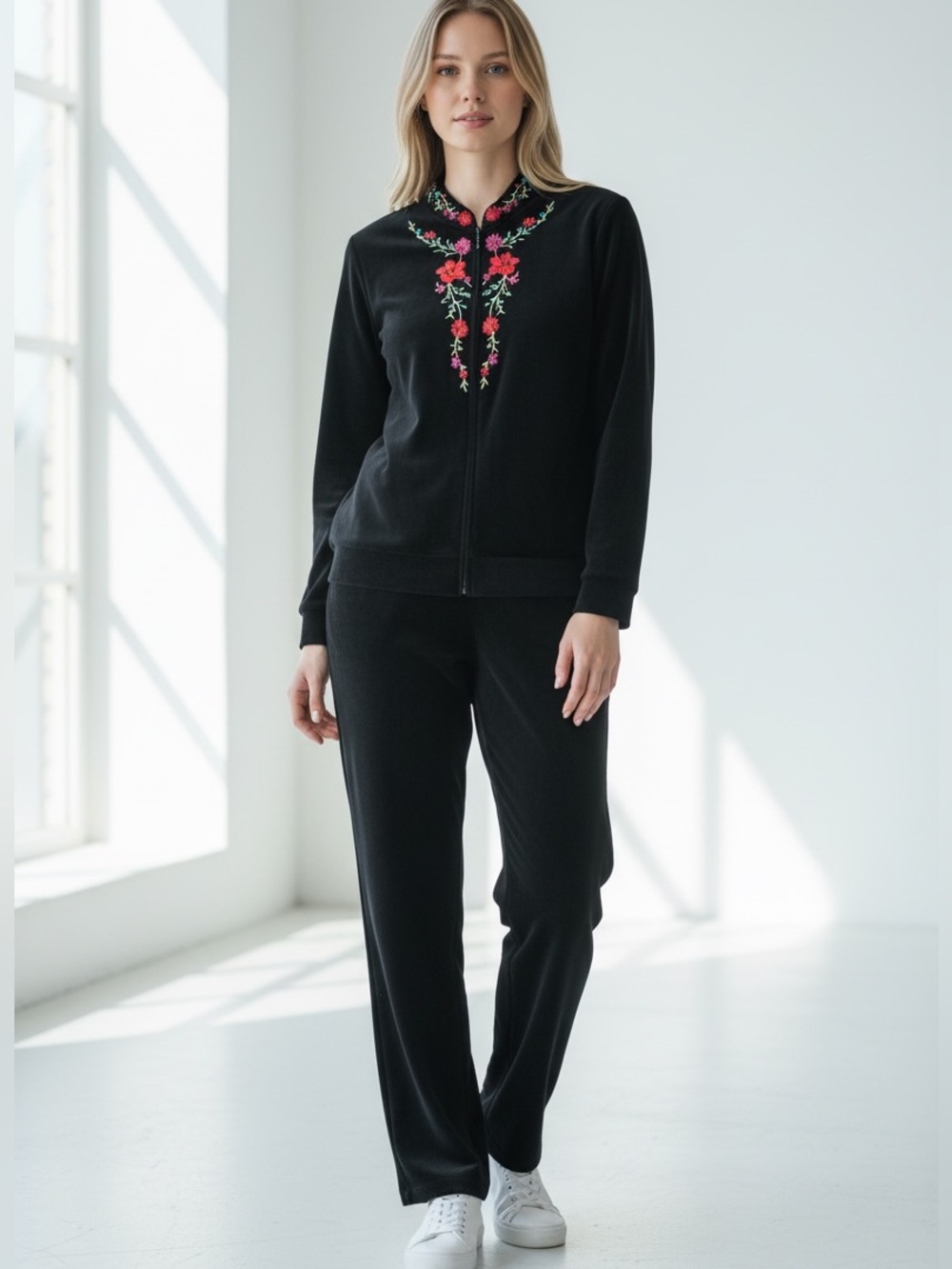 90s 2PCS NOTATIONS BLACK BOHO VELVETY PANT SUIT COLORFUL EMBROIDERED PLUS SZ 14